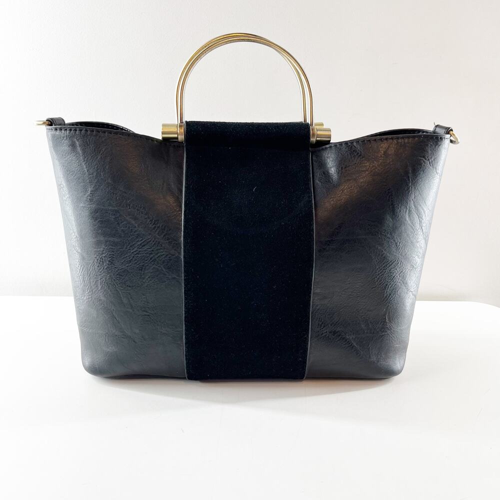 Antik Kraft Two Tone Leather Large Tote Handbag with Crossbody Strap Black